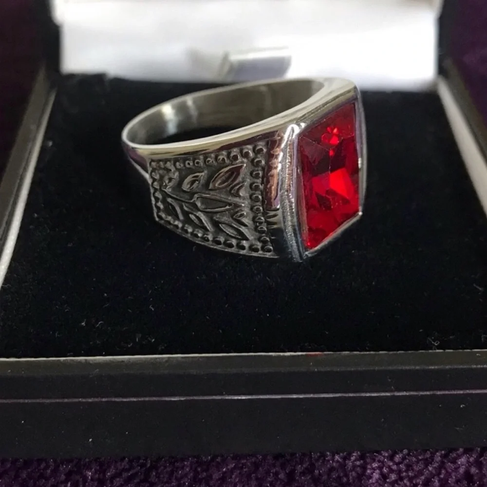 Men's Stainless Steel Ring with Red Gemstone